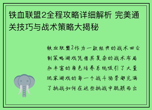 铁血联盟2全程攻略详细解析 完美通关技巧与战术策略大揭秘