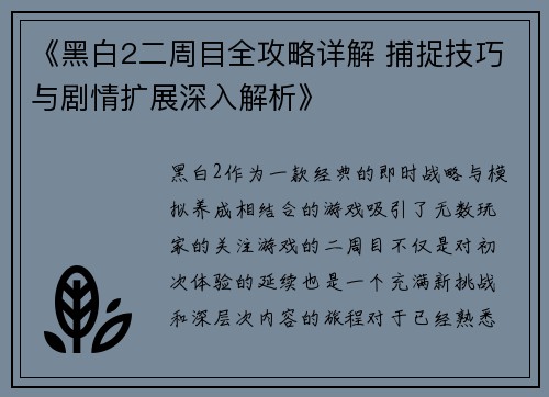 《黑白2二周目全攻略详解 捕捉技巧与剧情扩展深入解析》